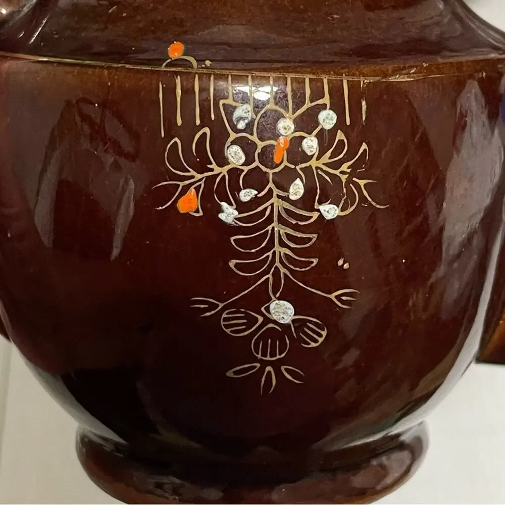 Vintage Hand Painted Japan Brown Floral Ceramic Teapot